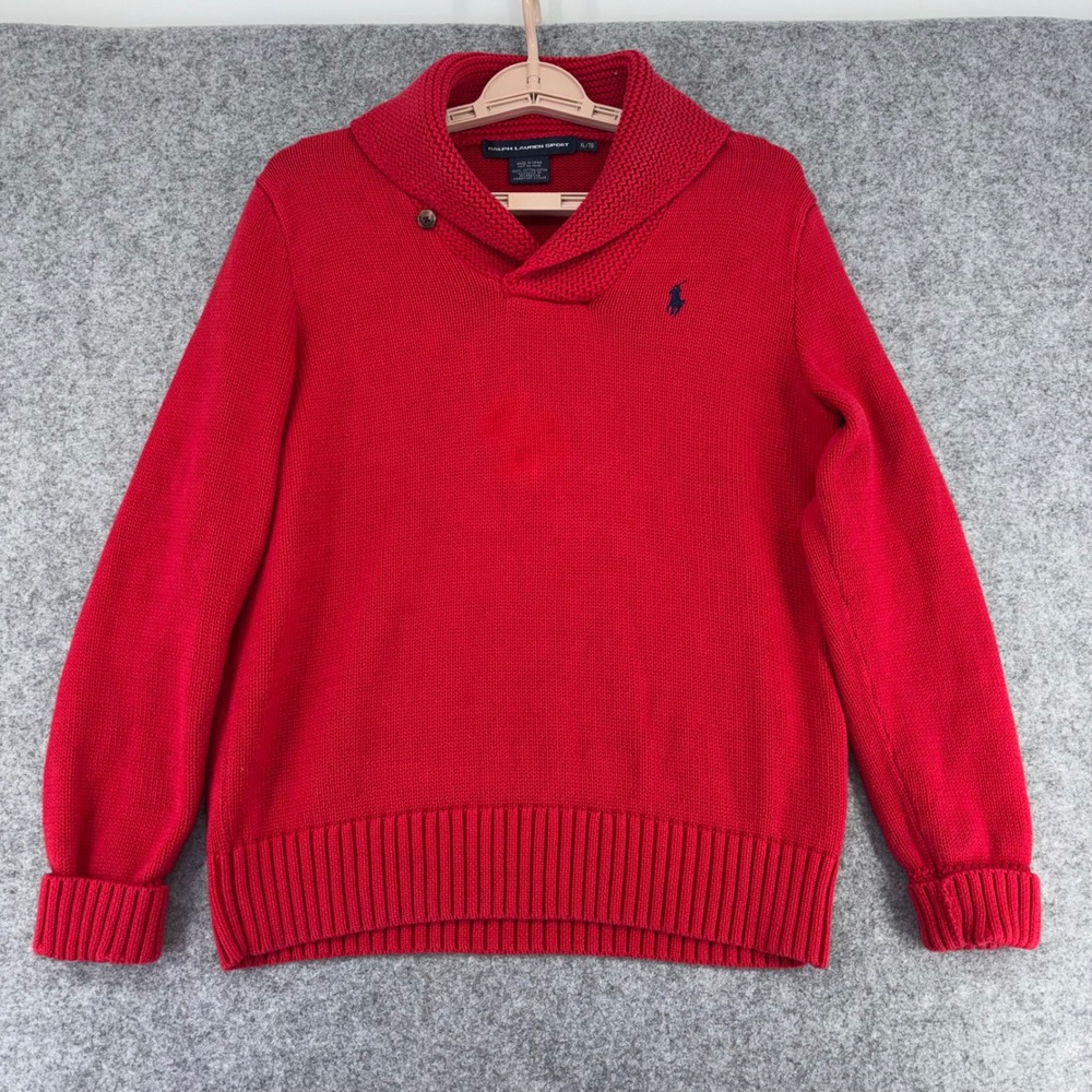 Ralph Lauren Sport Red Cotton Shawl Collar Pullover Sweater Women XL Vintage Y2K